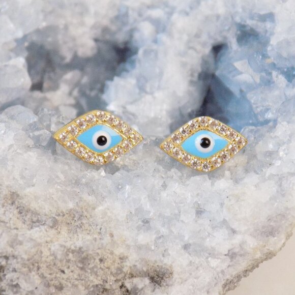new with box 925 sterling gold plated evil eye cz diamond post back stud dainty - Picture 1 of 5